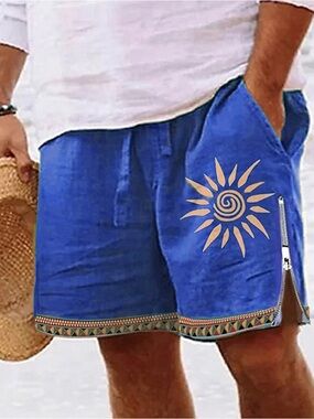 Ouku Men’s Blue Drawstring Shorts | Sun  Graphic & Zipper | Size L | Preowned
